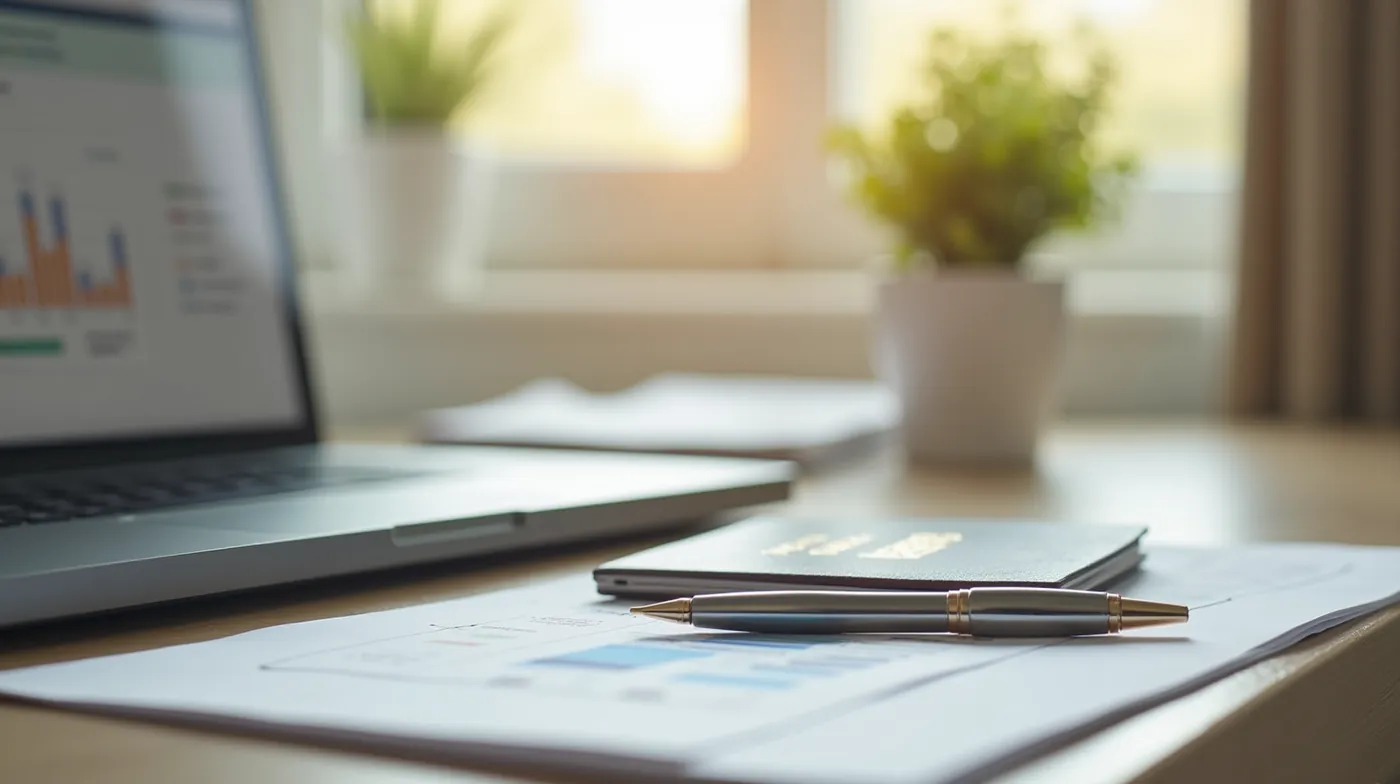 A clean professional editorial photograph of a modern minimalist home office desk in soft morning window light: an open 
