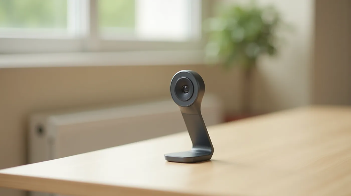 a modern desktop webcam with a round lens sitting on a clean light wooden desk, soft natural window light from the side,